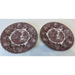 Vintage Wood & Sons Maroon Transferware Salad Plates Lot of 2 English Floral